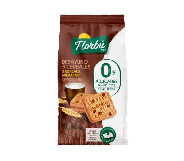 Печиво без цукру Florbu Desayuno Five Cereales Breakfast Chocolate сніданок пять злаків з шматочками шоколаду 340г - 1