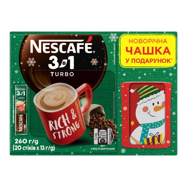 Набір Новорічний напій кавовий розчинний Cтіки Nescafe 3в1 Turbo Rich&Strong 20шт плюс Чашка керамічна червона Nescafe 260г - 1