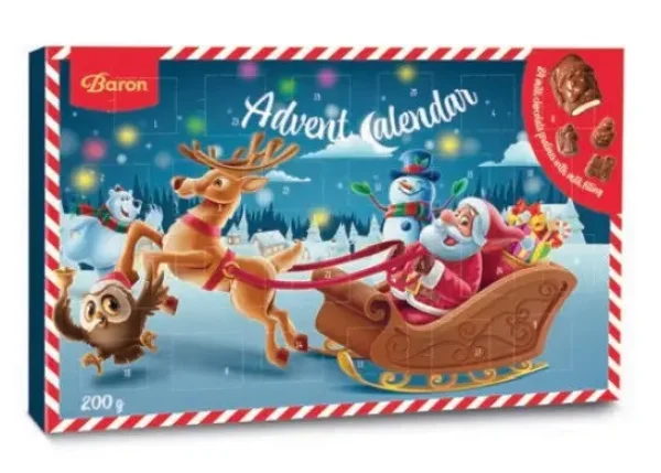 Набір Подарунок Новорічний Адвент календар Baron Advent calendar Santa friends шоколадні фігурки Дитячий 200г - 1