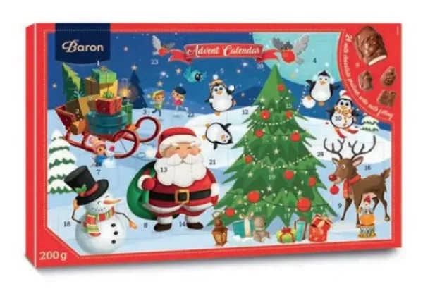 Набір Подарунок Новорічний Адвент календар Baron Advent calendar Santa snow шоколадні фігурки Дитячий 200г - 1