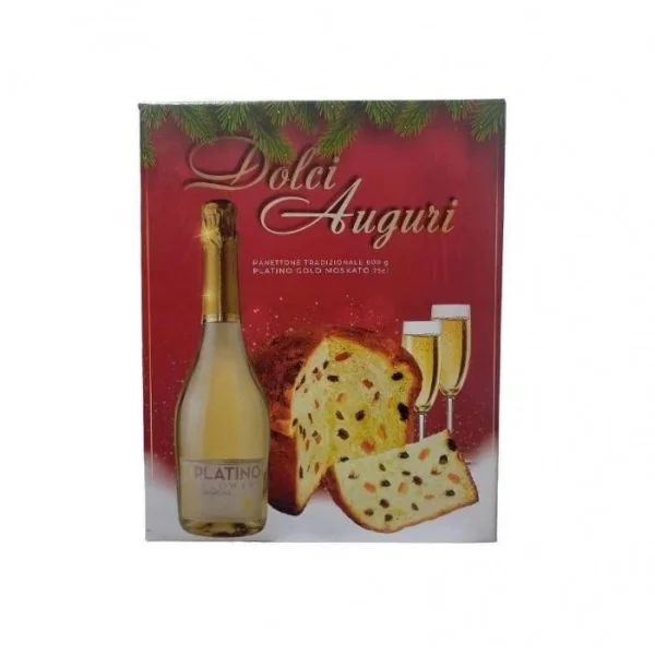 Набір Подарунок Різдвяний Dolci Auguri Panettone Tradizionale Platino&Gold Moscato Шампанське панеттон з родзинками 2шт Бокс 2500г - 1