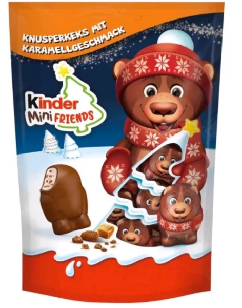 Подарунок Новорічний Цукерки з хрустким печивом зі смаком карамелі Kinder Chocolate Mini Friends Ведмедики 18шт 122г - 1