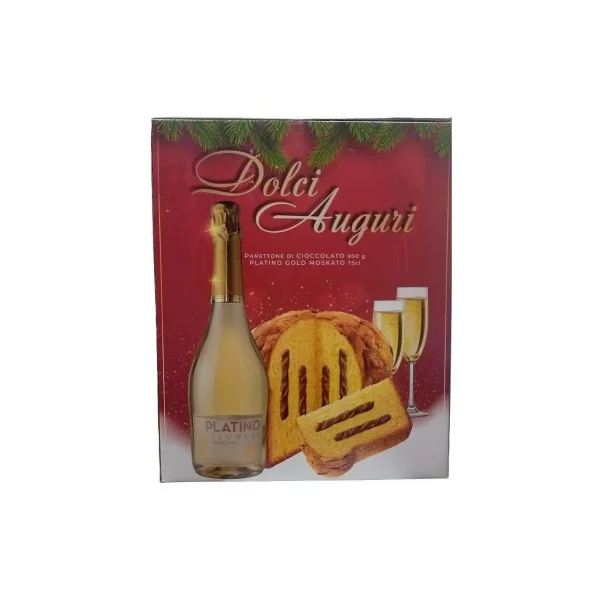 Набір Подарунок Різдвяний Dolci Auguri Panettone Tradizionale Platino&Gold Moscato Шампанське Панеттон шоколадний крем 2шт 2500г - 1