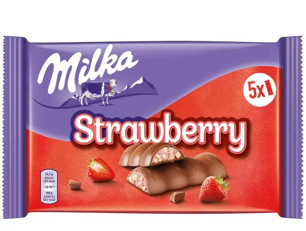 Батончики з молочного шоколаду Milka Strawberry Riegel з начинкою із полуничного та вершкового крему з злаками 5шт 182г - 2