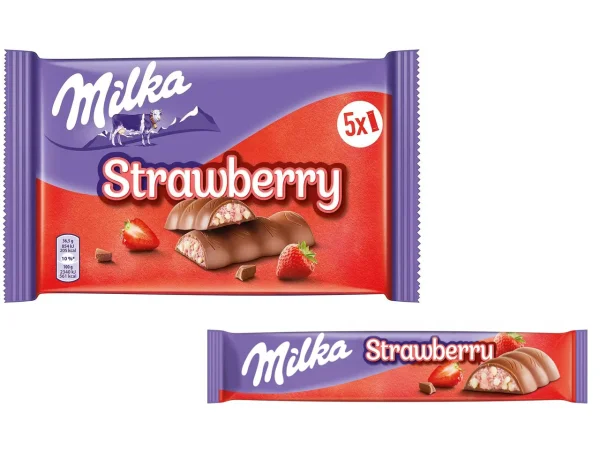 Батончики з молочного шоколаду Milka Strawberry Riegel з начинкою із полуничного та вершкового крему з злаками 5шт 182г - 1