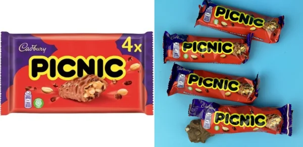 Батончики з молочного шоколаду Cadbury Picnic Riegel Bars Mix з начинкою із арахісу родзинками та злаків 4шт 152г - 1