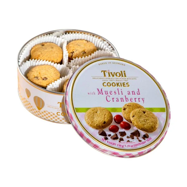 Печиво вершкове Cвяткове Jacobsens Bakery Tivoli Delicious Danish Cookies Muesli&Cranberry журавлина мюслі шоколад Бокс 150г - 1