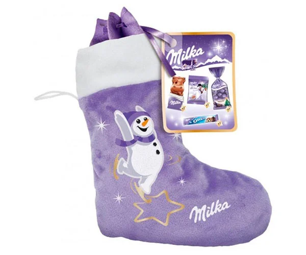 Набір Подарунок Новорічна Шкарпетка з підвіскою Milka Christmas Sock Шоколадні цукерки Сніговик Дитячий 196г - 1