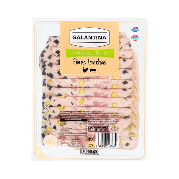 Шинка з Індика та Свинини з фісташками та Трюфелями тостова Hacendado Serrano Galantina Pistacho Trufa Хасендадо Серрано бутербродна Слайс 12шт 150г - 1
