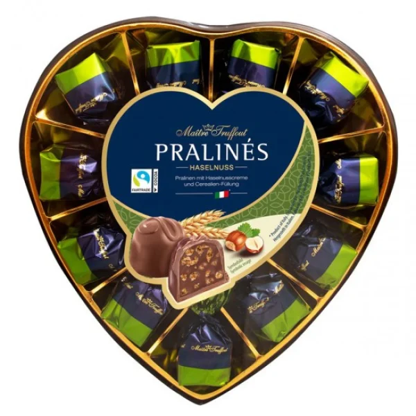 Цукерки шоколадні Праліне з горіховим кремом та Злаками Maitre Truffout Pralines Hazelnut Подарунковий Бокс Сердечко 165г - 1