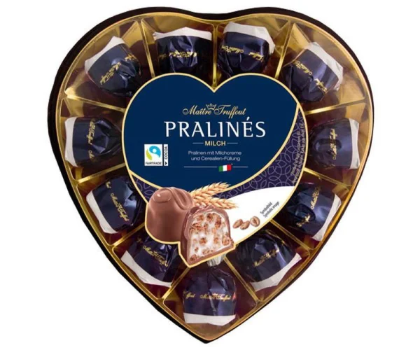 Цукерки з молочного шоколаду Праліне з Злаками Maitre Truffout Pralines Milch Подарунковий бокс Сердечко 165г - 1