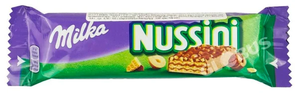 Вафлі батончик Шоколадні Milka Nussini mini Мілка міні плитка з лісовим горіхом 32г - 1