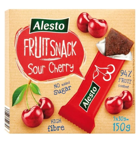 Батончики фруктові Без цукру Alesto Fruit Snack No sugar Sour Cherry снеки Вишня 5шт 150г - 1
