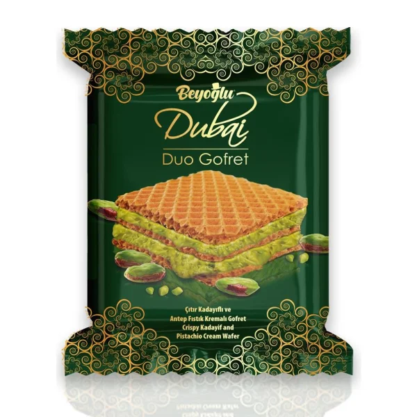 Вафлі Дубайські Плитка подвійна Beyoglu Dubai Duo Gofret Kadayif Pistachio Creme Гофровані з фісташковим кремом та Кадаїфом 36г - 1