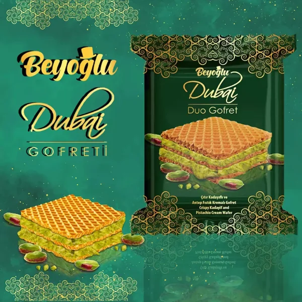 Вафлі Дубайські Плитка подвійна Beyoglu Dubai Duo Gofret Kadayif Pistachio Creme Гофровані з фісташковим кремом та Кадаїфом 36г - 2