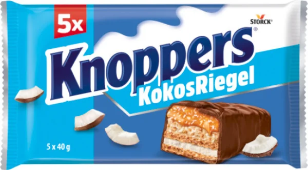 Батончики Шоколадні Storck Knoppers Kokos Riegel 5X Bar Кнопперс Сендвіч Молочний шоколад з Нугою та Кокосом 5шт 200г - 1