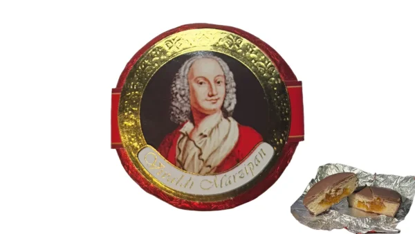 Цукерка шоколадна Монета Laran Vivaldi Marzipan Coin Red Ларан Вівальді Марципан з курагою в молочному шоколаді в Фользі 42г - 1