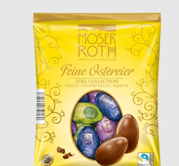 Яйця Пасхальні Шоколадні в кольоровій фользі Moser Roth Feine Ostereier Edel Collection Praline нуга та праліне Асорті 10шт 150г - 1