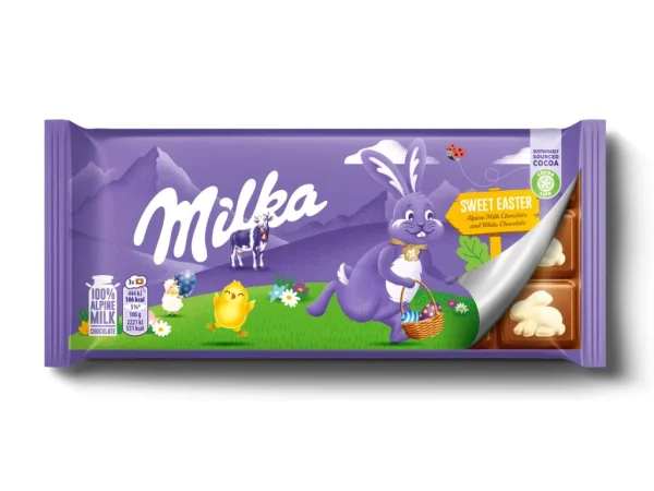 Шоколад молочний плитка Milka Sweet Easter Мілка Солодка Пасхальна з зайчиками з білого шоколаду 90г - 1