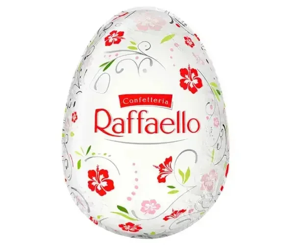Яйце шоколадне Великоднє Raffaello Confetteria Easter Egg Рафаело Пасхальне Білий шоколад Кокос мигдаль в фользі Квіти Велике 100г - 1