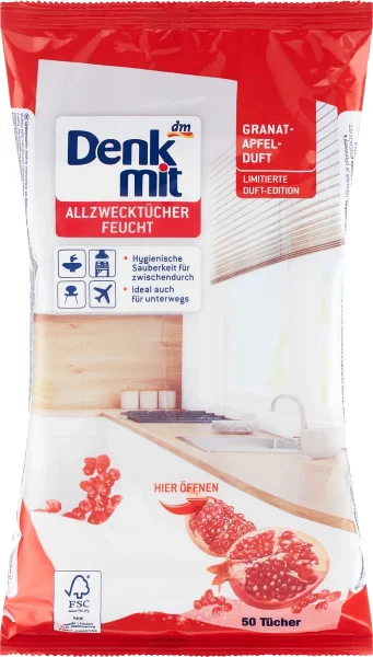 Серветки для прибирання Універсальні Denkmit Allzwecktucher Granat&Apfel ДенкМіт Вологі з ароматом Граната і Яблука 50шт - 1