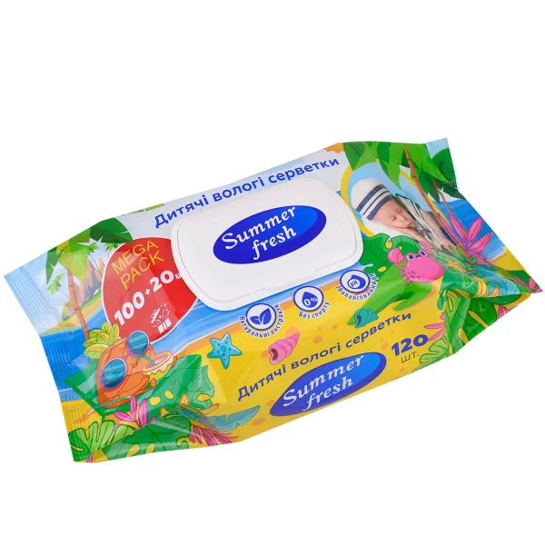 Серветки Дитячі вологі з Клапаном Summer Fresh Mega Pack ароматизовані без Спирту 120шт - 1