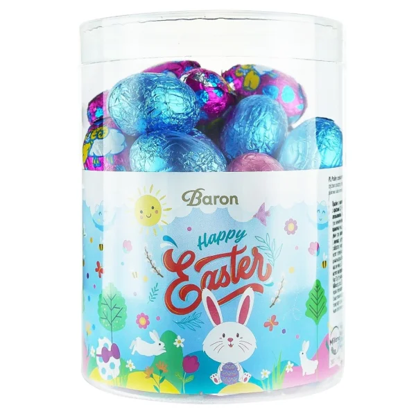 Яйця Шоколадні Великодні Baron Happy Easter Chocolate Eggs Барон Пасхальні з праліне Асорті Туба з кришкою 20шт 450г - 1