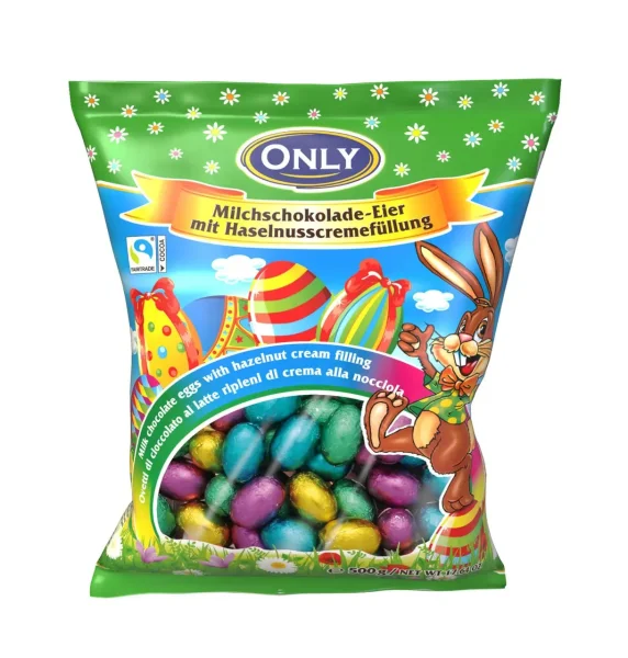 Яйця шоколадні Пасхальні Only MilchSchokolade Eier Онлі молочний шоколад з горіховим кремом у фользі з Малюнками Асорті 400г - 1