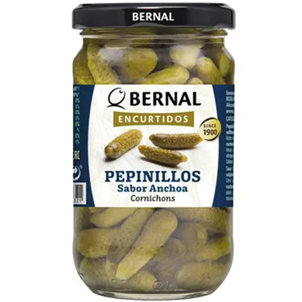 Огірки Корнішони мариновані Bernal Encurtidos Pepinillos Sabor Anchoa Бернал з анчоусами в розсолі Зелені Банка 300г - 1