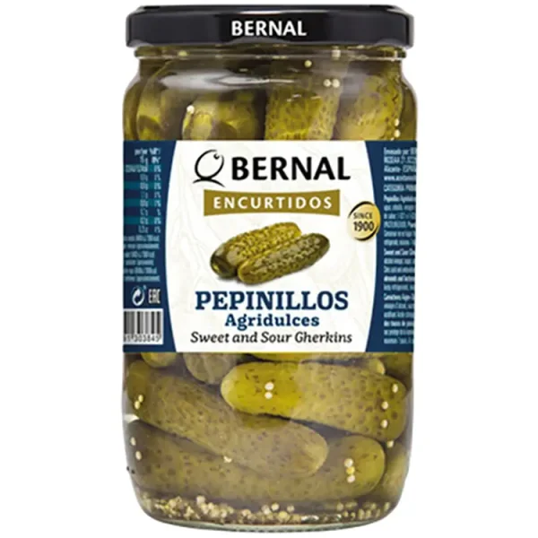 Огірки Корнішони мариновані Bernal Encurtidos Pepinillos Agridulces Бернал з кисло-солодкому розсолі Зелені Банка 685г - 1