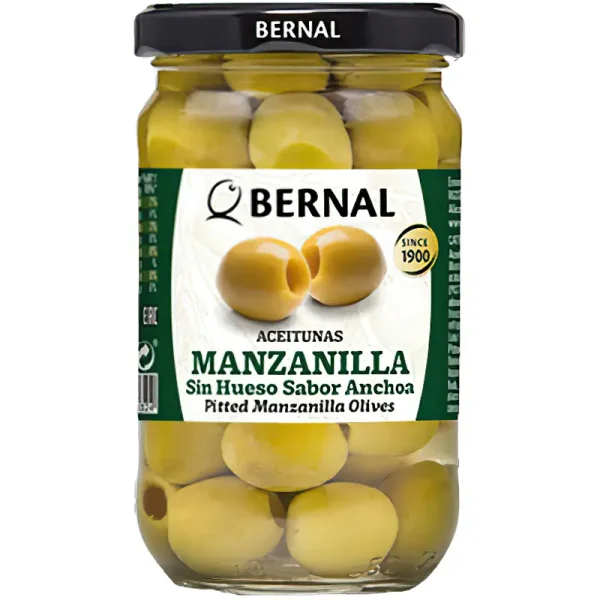 Оливки мариновані Манзанілла Bernal Manzanilla hueso Sabor anchoa Olives Бернал без кісточок зі смаком анчоуса Зелені Банка 300г - 1