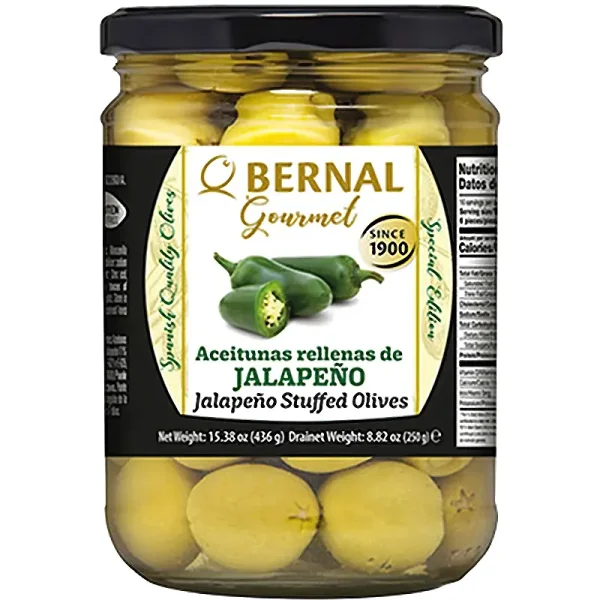 Оливки мариновані з Халапеньйо Bernal Gourmet Jalapeno Olives Бернал Гурман фаршировані Перцем Гострі Зелені Банка 436г - 1