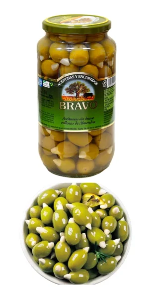 Оливки Мансанілья з мигдалем Bravo Encurtidos Aceitunas rellenas de Almendra Браво без кісточок фаршировані Банка 1000г - 1