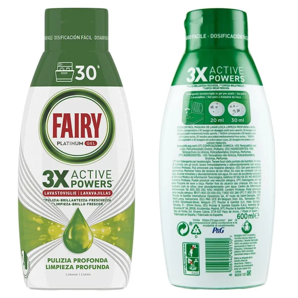 Гель для посудомийних машин Безфосфатний Fairy Platinum Gel 3x Active Power Фейрі Глибоке очищення Активна сила 30циклів 600мл - 1
