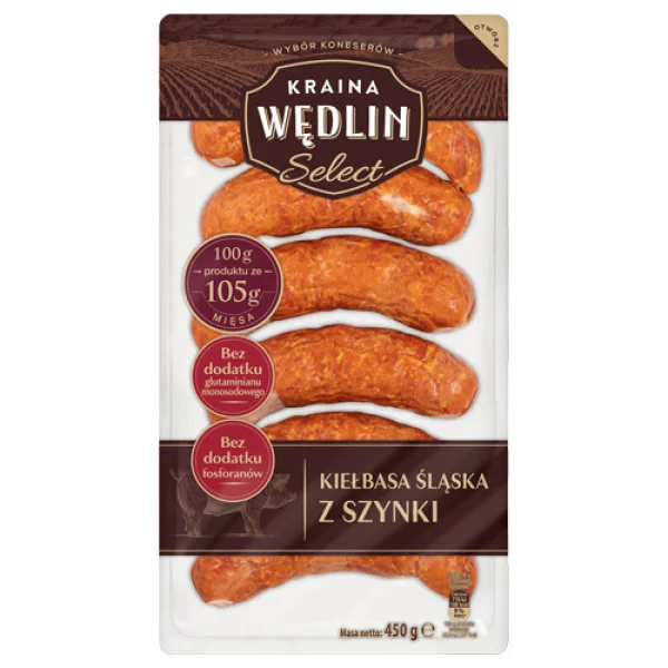 Колбаса для грилю напівкопчена Kraina Wedlin Selekt Kielbasa Slaska z Szynki Країна Ведлін Селекційна свинина Ковбаски 6шт 450г - 1