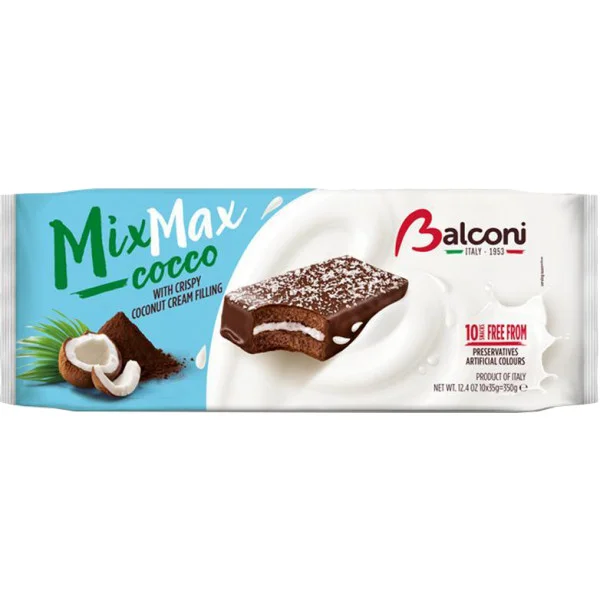 Тістечка бісквітні шоколадні Balconi Mix Max Cocco Dilicious Cocconut filling Cream з кокосовим кремом 10шт 350г - 1