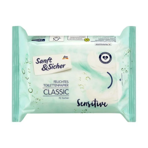 Туалетний вологий папір Розчинний Сінсітів DenkMit Sanft&Sicher Classic Sensitive feuchtes Toilettenpapier для чутливої шкіри 70шт - 1