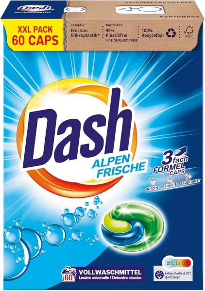 Капсули для прання Білих та Світлих речей Dash VollwaSchmittel AlpenFrische 3in1 White Pods Даш 3х-компонентні капсули 60шт 1490г - 1
