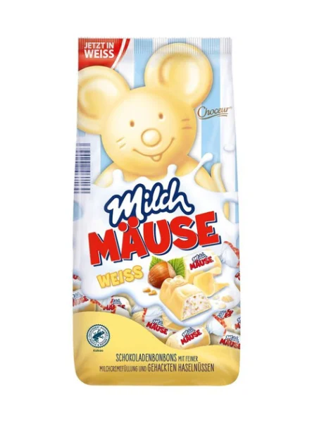 Шоколадні цукерки Choceur Milch Mause Weiss Молочні Мишки з фундуком з білого шоколаду та молочним кремом 210г - 1