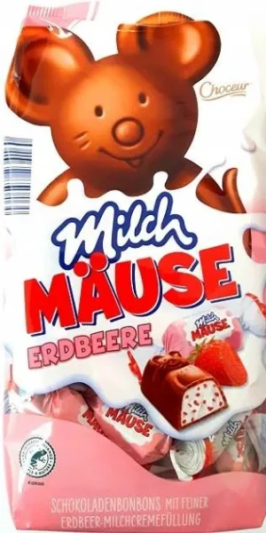 Шоколадні цукерки Choceur Milch Mause Eerdbeere Молочні Мишки з фундуком з Чорного шоколаду та Полуницею 210г - 1