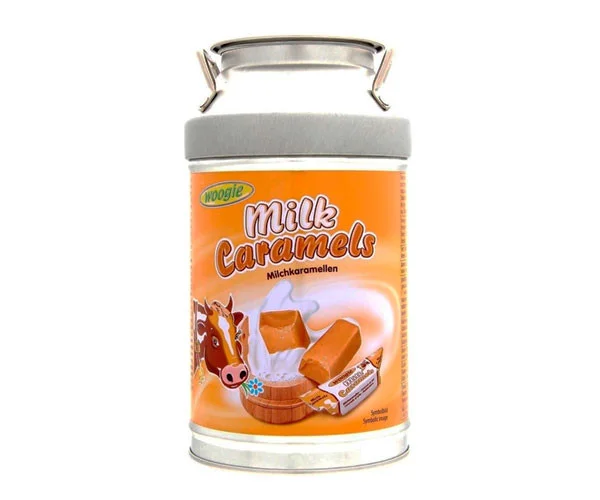 Цукерки Корівки Woogie Milk Milchcaramellen Caramels Вугі молочна Карамель у металевій скарбничці Бідончику 250г - 1