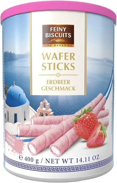 Вафельні трубочки Полуничні Feiny Biscuits Wafer Sticks Erdbeer GeschMack Фейні Бісквіти з Вершковим кремом Банка 400г - 1