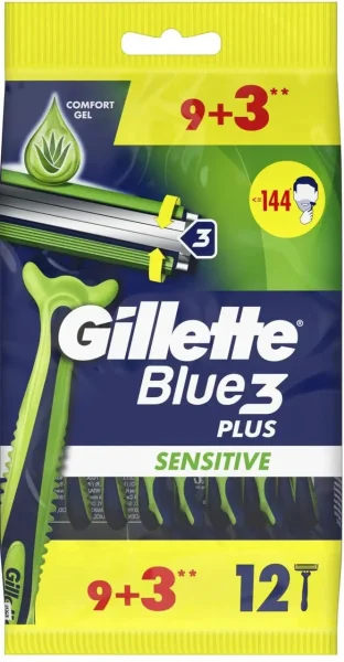 Бритви для гоління Чоловічі Gillette Blue3 Plus Sensitive Джілет Блу Сенсітів одноразові Змащувальна змужка АлоеВера 3леза 12шт - 1
