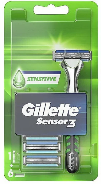 Набір Бритва для гоління та Касети Чоловіча Gillette Sensor3 Sensitive Джілет Сенсітів Змащувальна змужка АлоеВера 3леза 6шт - 1