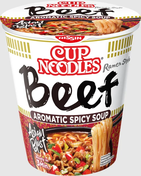Локшина для Рамену Швидкого приготування Nissin Cup noodles Aromatic Spicy Soup Beef Суп з макаронами смак Яловичина Стакан 64г - 1