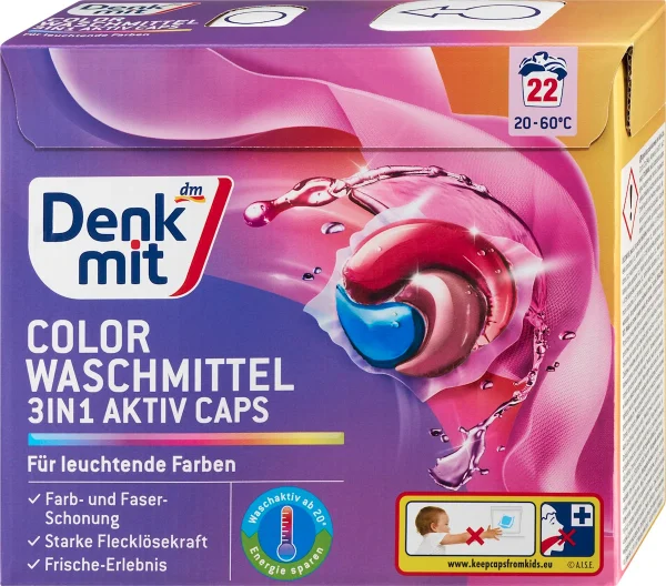 Капсули для прання Кольорової білизни Denkmit Colorwaschmittel 3in1 Aktiv Caps Денкміт колор актив Збереження кольорів 22шт - 1