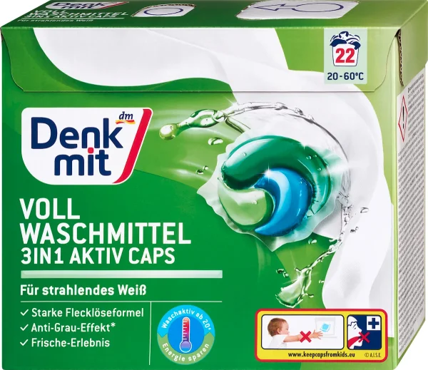 Капсули для прання Білої та світлої білизни Denkmit Vollwaschmittel 3in1 Aktiv Caps Денкміт актив для Білого 22шт - 1