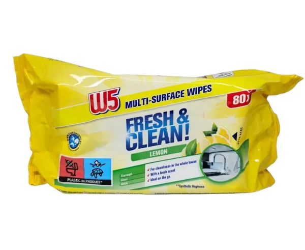 Серветки вологі для Прибирання Універсальні W5 Multi Surface Wipes Fresh&Clean Lemon В5 для мультиповерхонь з Клапаном Лимон 80шт - 1