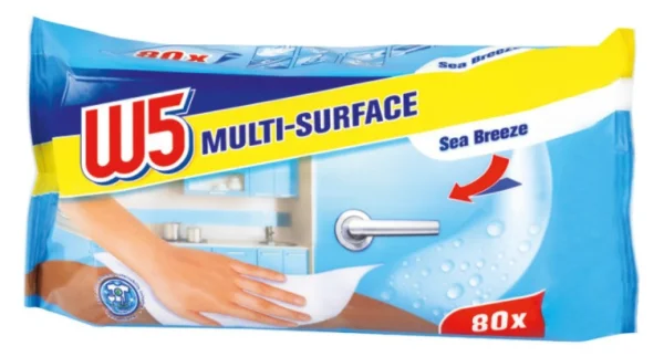 Серветки вологі для Прибирання Універсальні W5 Multi Surface Wipes Sea Breeze В5 для мультиповерхонь з Клапаном Морський бриз 80шт - 1