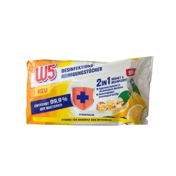 Серветки вологі для Прибирання Універсальні W5 Desinfektions Reinigungstücher 2in1 Lemon В5 Очищення Дезинфекція Лимон Клапан 80шт - 1